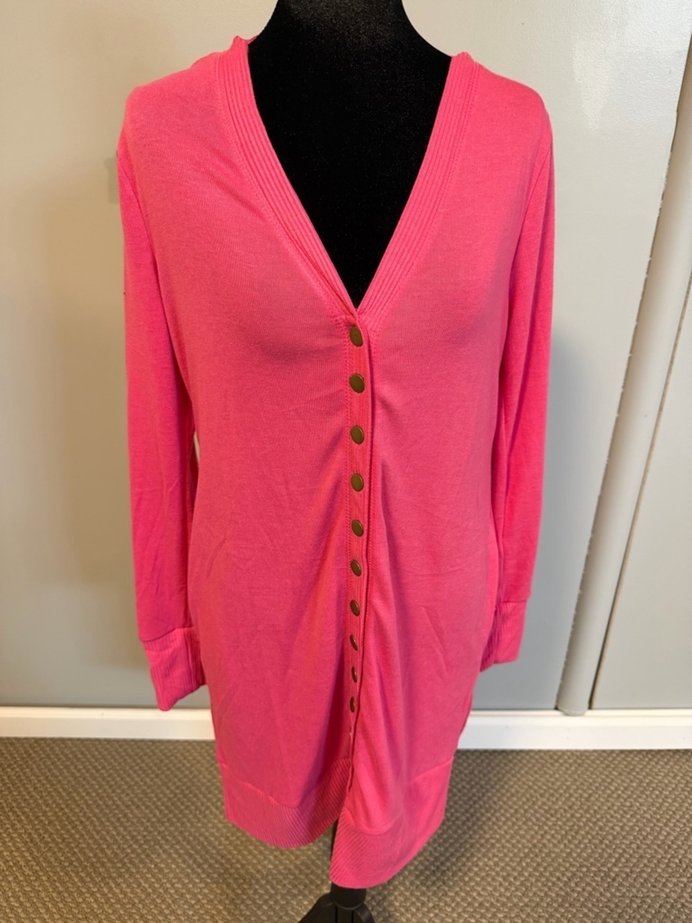 Zenana Hot Pink Long Cardigan | Medium | NWOT | Snap Button Midi Duster